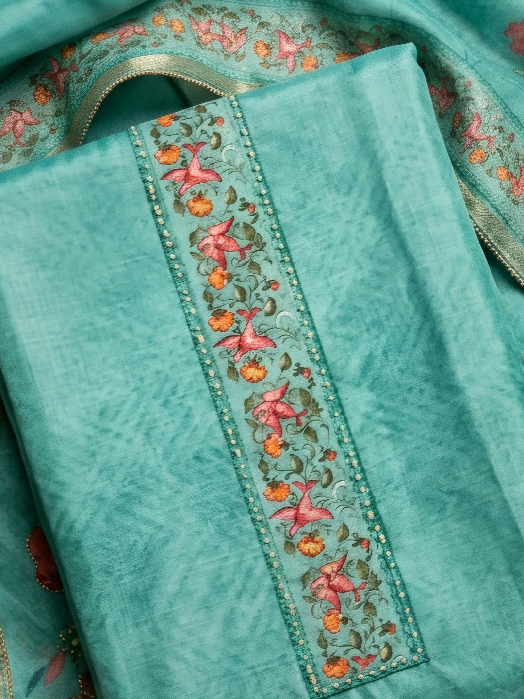 Sea Green Embroidered Chanderi Unstitched Suit &amp; Pant With Chanderi Dupatta
