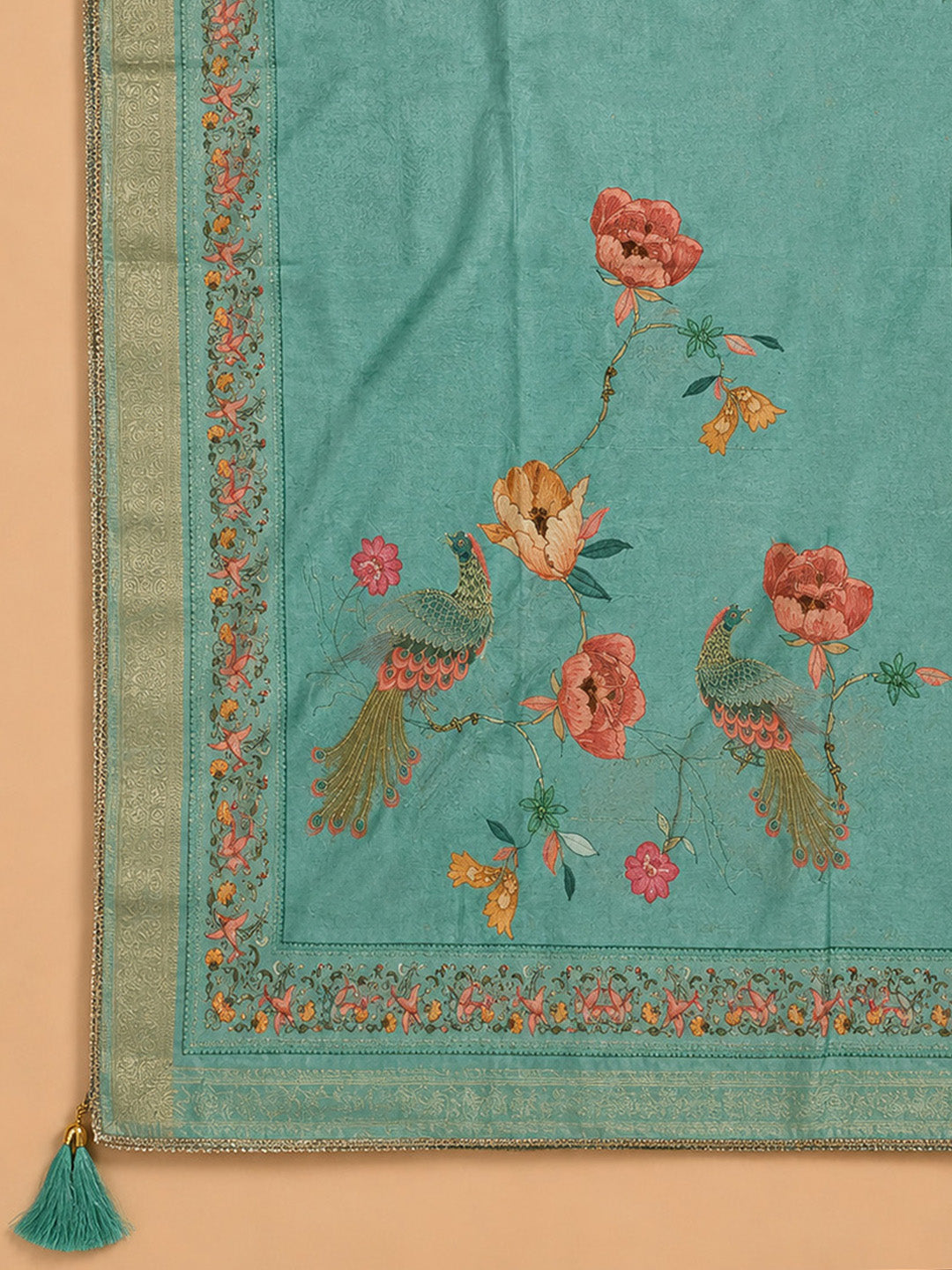 Sea Green Embroidered Chanderi Unstitched Suit &amp; Pant With Chanderi Dupatta