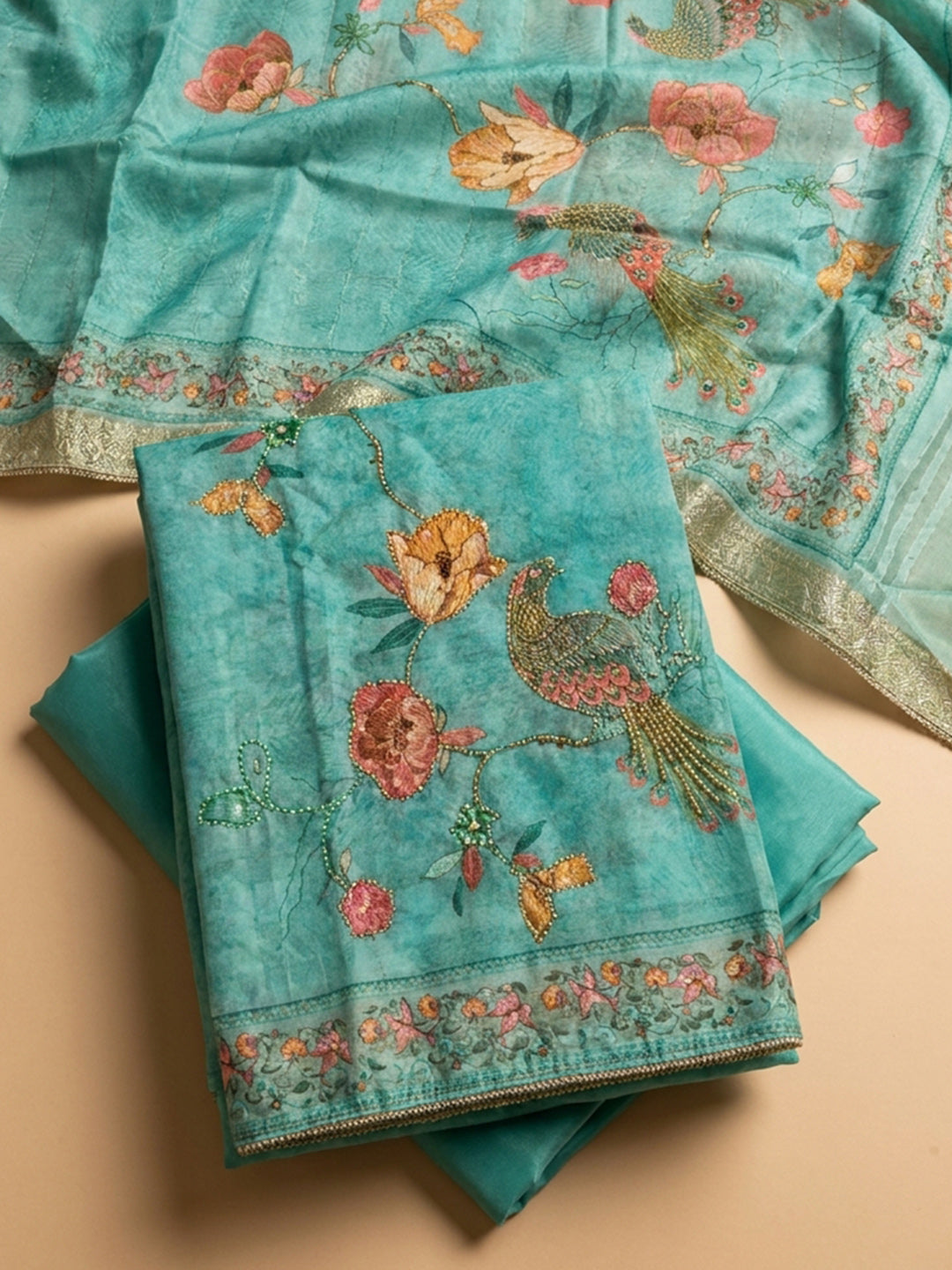 Sea Green Embroidered Chanderi Unstitched Suit &amp; Pant With Chanderi Dupatta