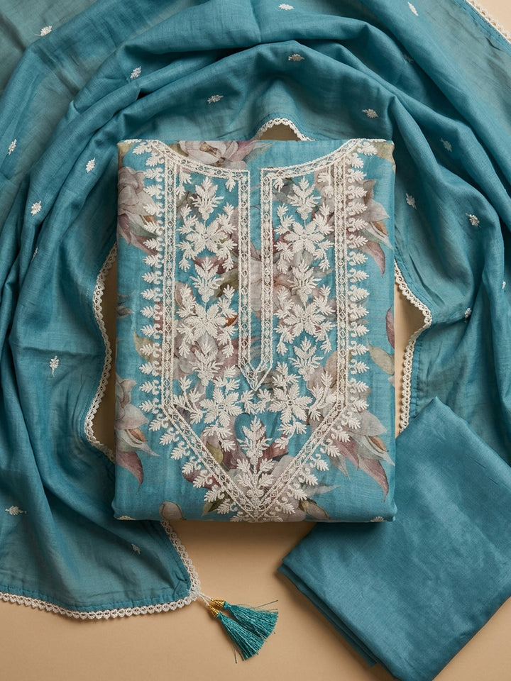 Blue Embroidered Chanderi Unstitched Suit &amp; Pant With Chanderi Dupatta