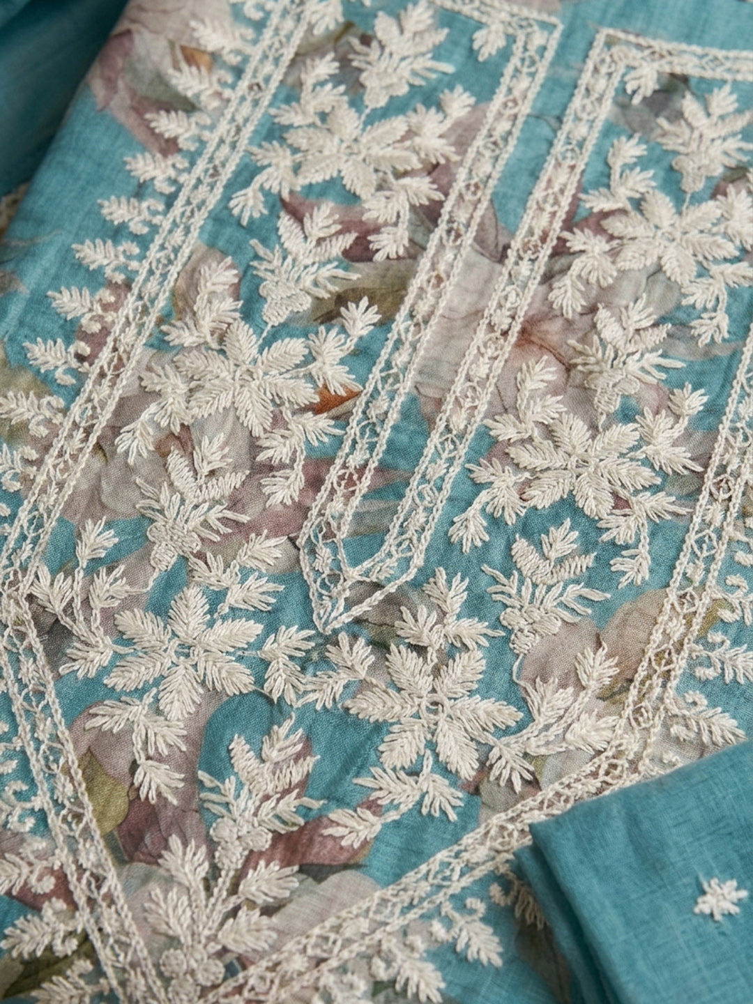 Blue Embroidered Chanderi Unstitched Suit &amp; Pant With Chanderi Dupatta