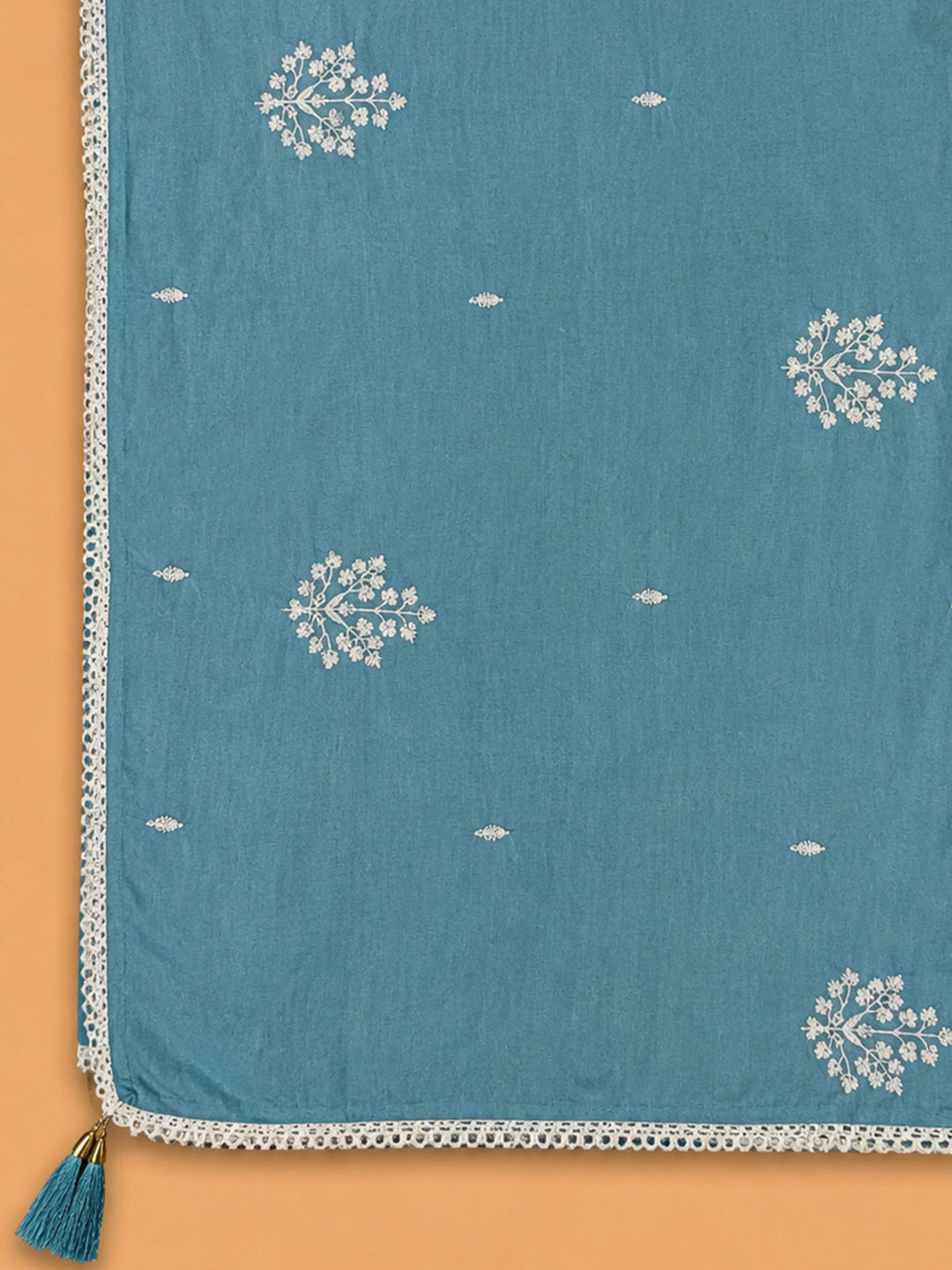 Blue Embroidered Chanderi Unstitched Suit &amp; Pant With Chanderi Dupatta