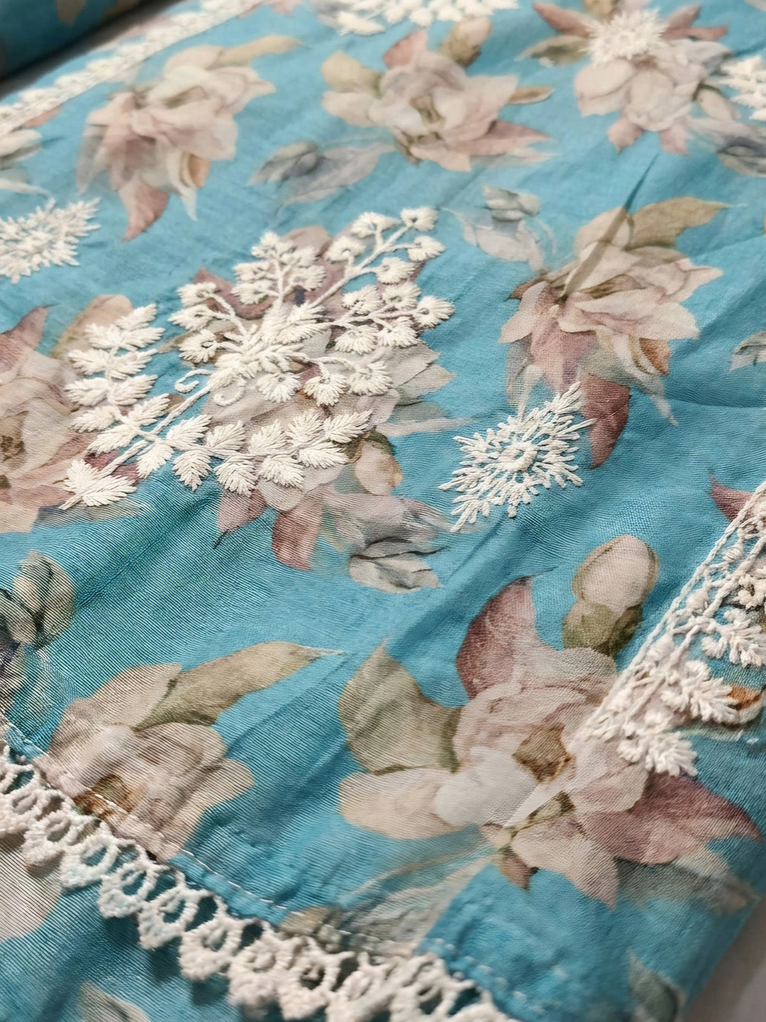 Blue Embroidered Chanderi Unstitched Suit &amp; Pant With Chanderi Dupatta