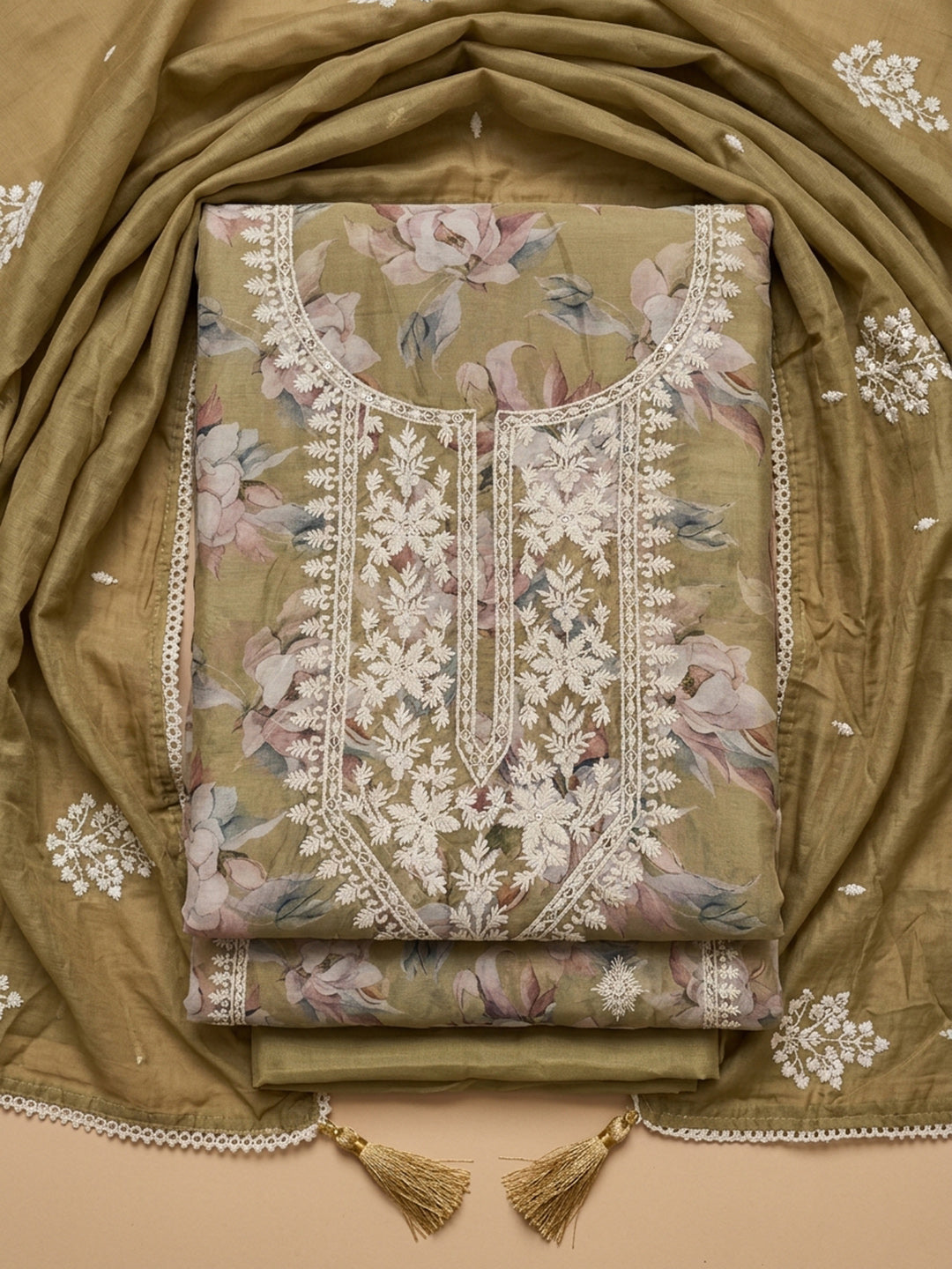Mehndi Embroidered Chanderi Unstitched Suit &amp; Pant With Chanderi Dupatta