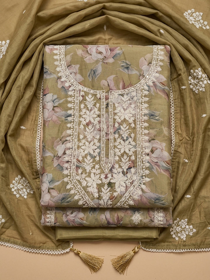 Mehndi Embroidered Chanderi Unstitched Suit &amp; Pant With Chanderi Dupatta