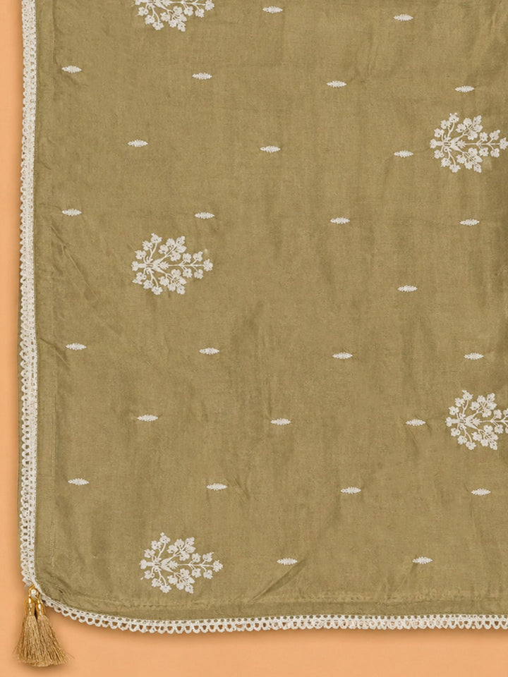 Mehndi Embroidered Chanderi Unstitched Suit &amp; Pant With Chanderi Dupatta
