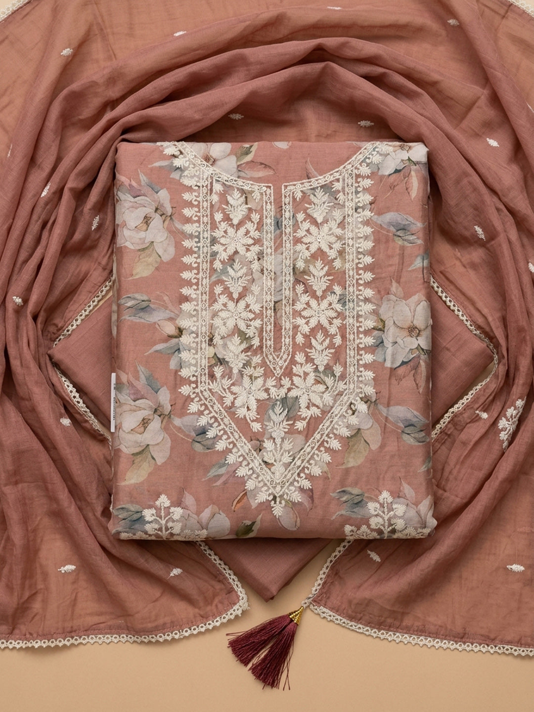 Peach Embroidered Chanderi Unstitched Suit &amp; Pant With Chanderi Dupatta