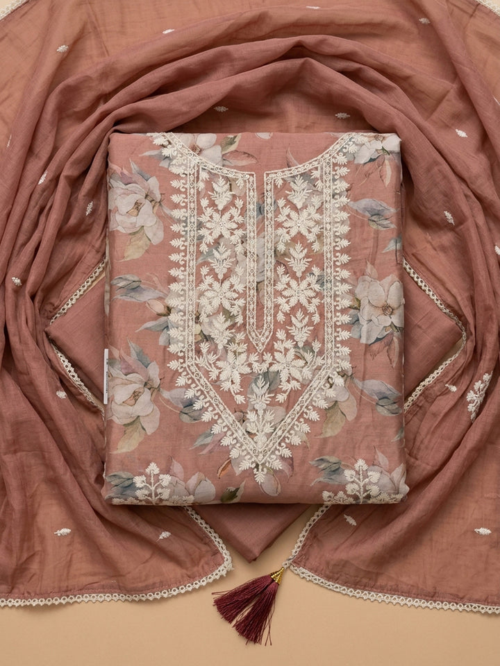Peach Embroidered Chanderi Unstitched Suit &amp; Pant With Chanderi Dupatta