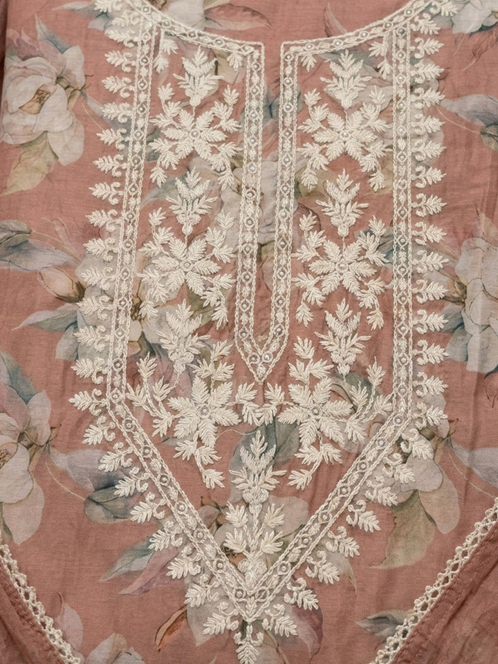 Peach Embroidered Chanderi Unstitched Suit &amp; Pant With Chanderi Dupatta
