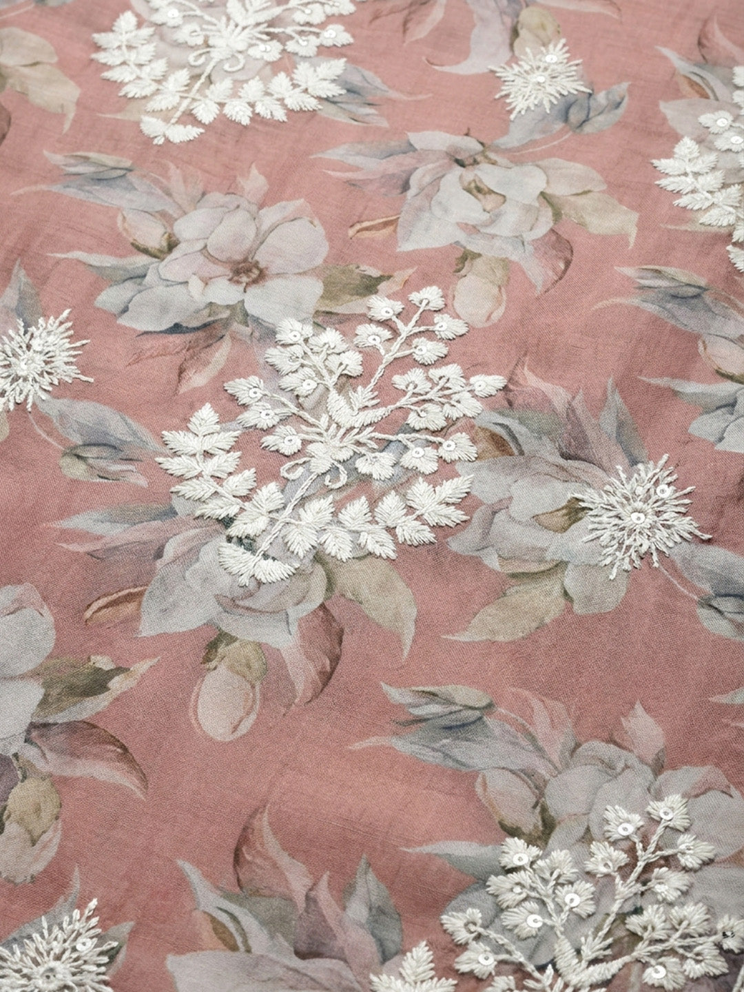 Peach Embroidered Chanderi Unstitched Suit &amp; Pant With Chanderi Dupatta