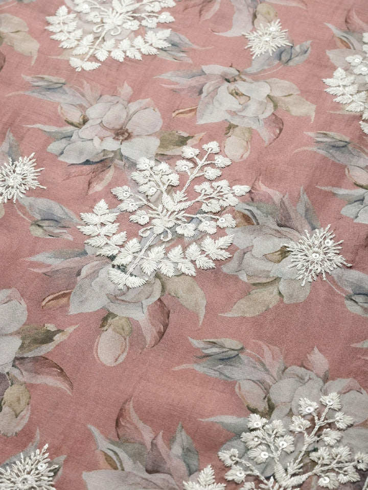 Peach Embroidered Chanderi Unstitched Suit &amp; Pant With Chanderi Dupatta