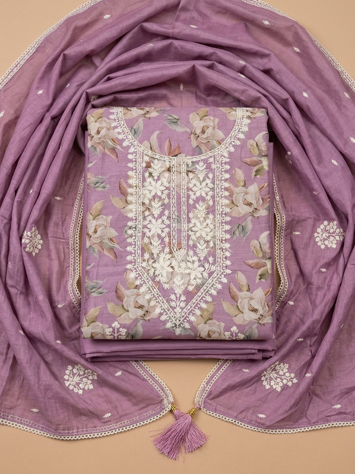 Purple Embroidered Chanderi Unstitched Suit &amp; Pant With Chanderi Dupatta