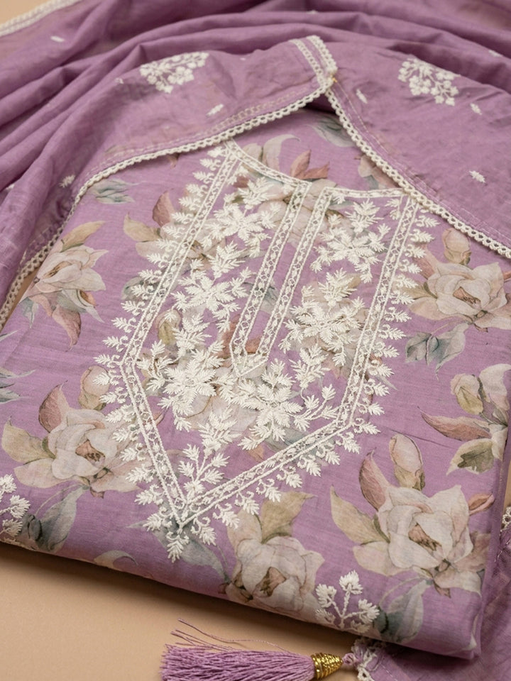 Purple Embroidered Chanderi Unstitched Suit &amp; Pant With Chanderi Dupatta