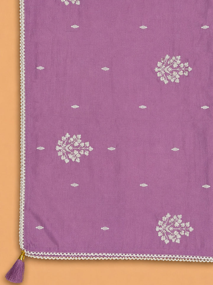 Purple Embroidered Chanderi Unstitched Suit &amp; Pant With Chanderi Dupatta