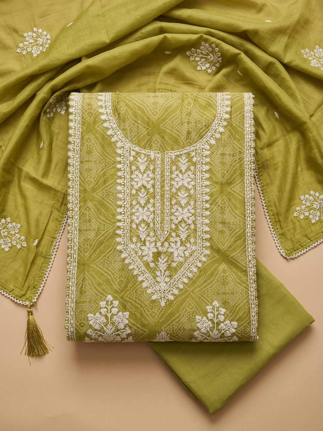 Mehndi Embroidered Chanderi Unstitched Suit &amp; Pant With Chanderi Dupatta