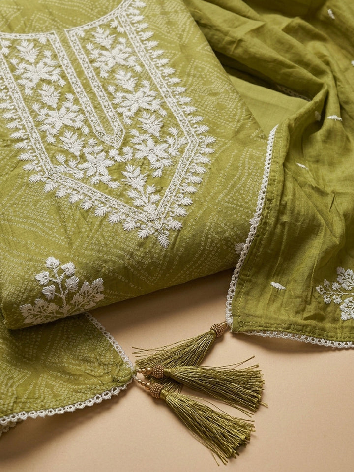 Mehndi Embroidered Chanderi Unstitched Suit &amp; Pant With Chanderi Dupatta