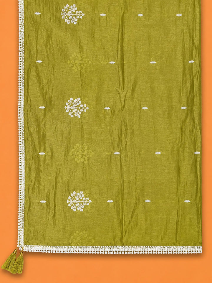Mehndi Embroidered Chanderi Unstitched Suit &amp; Pant With Chanderi Dupatta