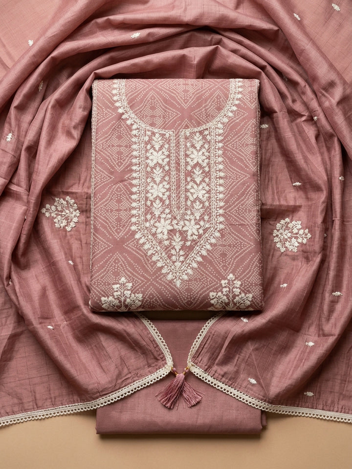 Onion Pink Embroidered Chanderi Unstitched Suit &amp; Pant With Chanderi Dupatta