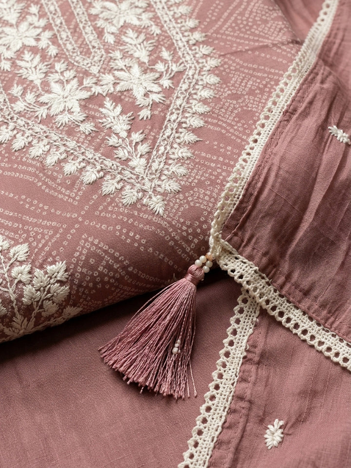 Onion Pink Embroidered Chanderi Unstitched Suit &amp; Pant With Chanderi Dupatta