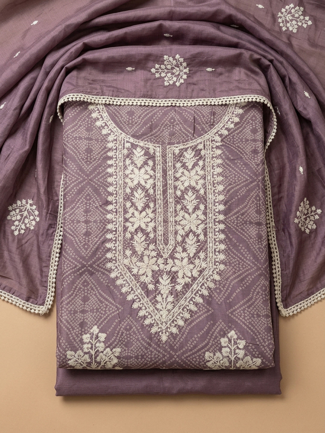 Purple Embroidered Chanderi Unstitched Suit &amp; Pant With Chanderi Dupatta