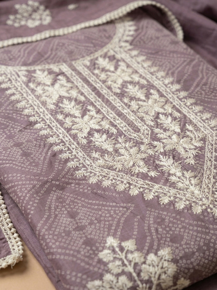 Purple Embroidered Chanderi Unstitched Suit &amp; Pant With Chanderi Dupatta