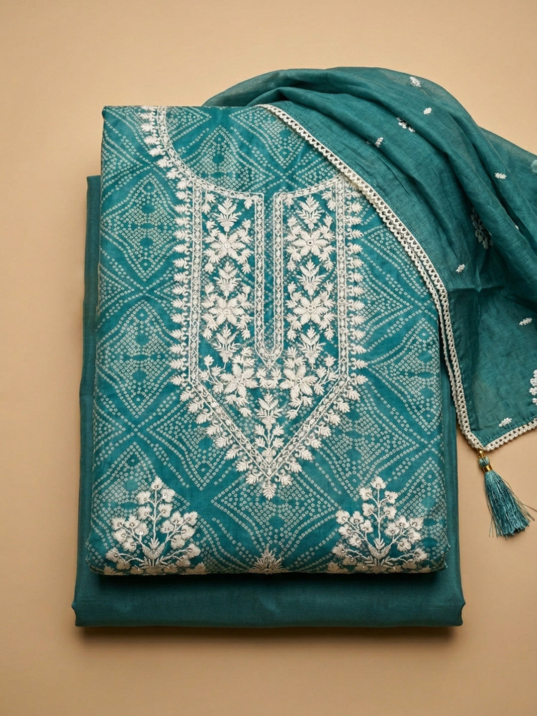 Rama Green Embroidered Chanderi Unstitched Suit &amp; Pant With Chanderi Dupatta