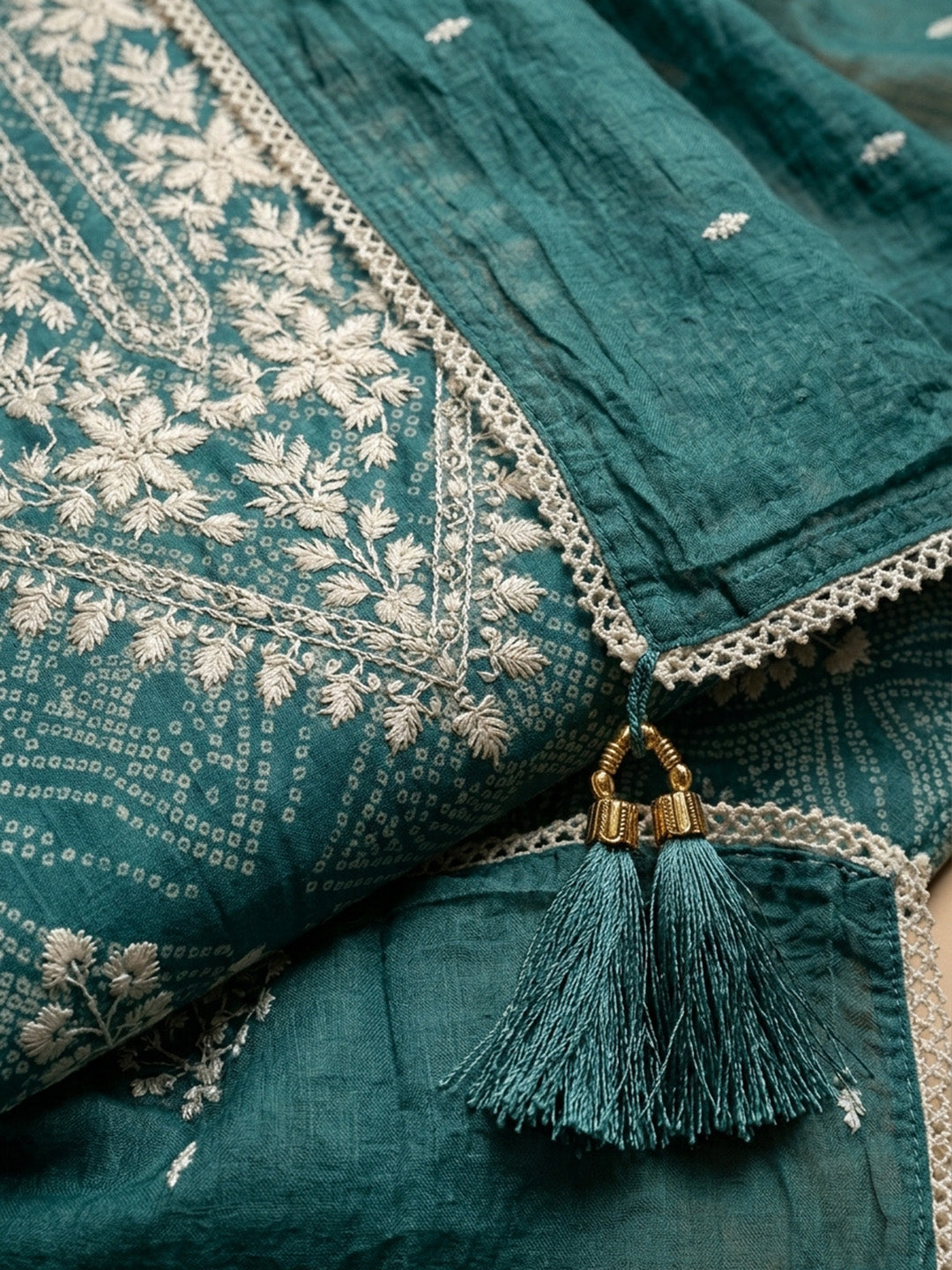 Rama Green Embroidered Chanderi Unstitched Suit &amp; Pant With Chanderi Dupatta