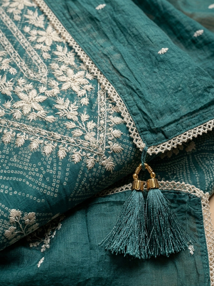 Rama Green Embroidered Chanderi Unstitched Suit &amp; Pant With Chanderi Dupatta
