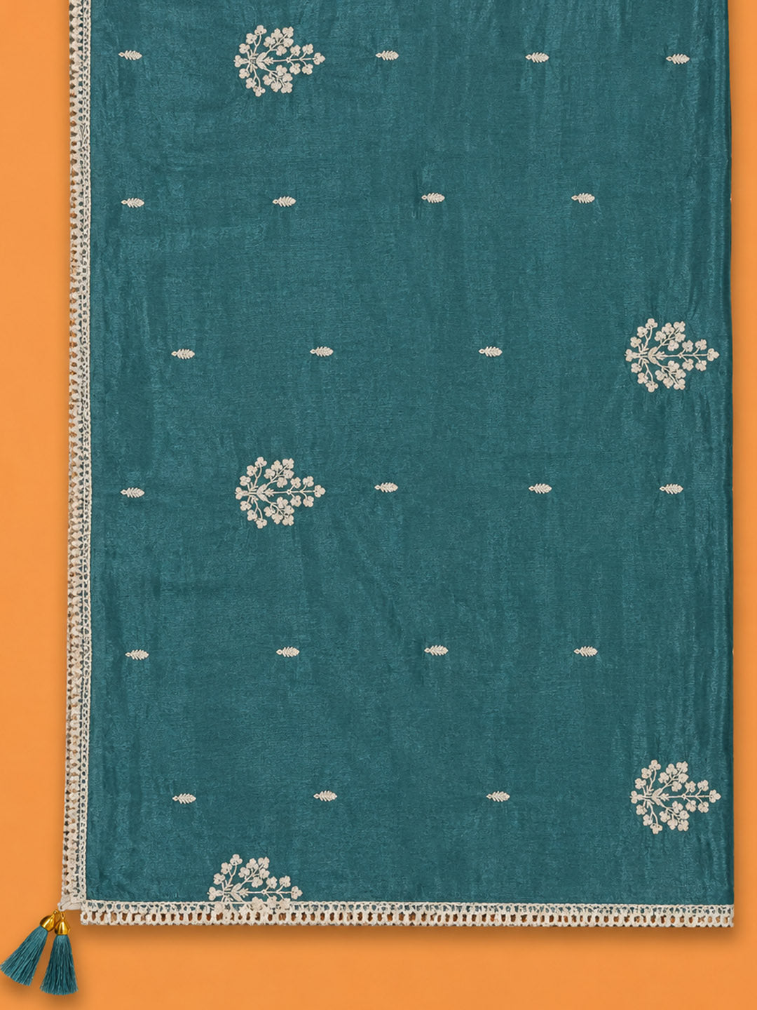 Rama Green Embroidered Chanderi Unstitched Suit &amp; Pant With Chanderi Dupatta