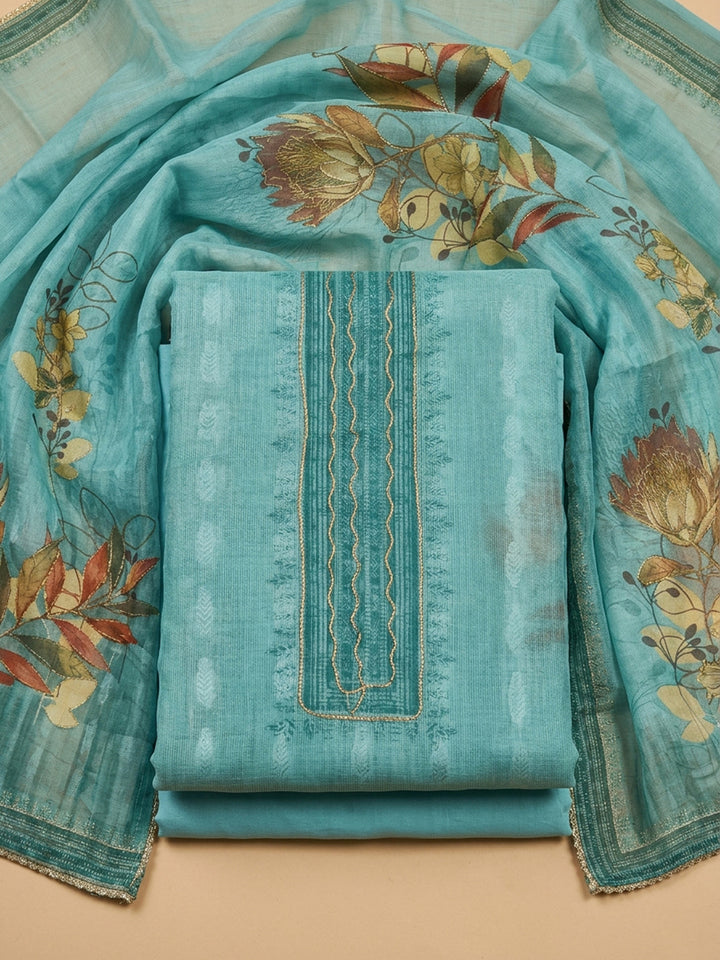 Firozee Embroidered Linen Blend Unstitched Suit &amp; Pant With Linen Dupatta