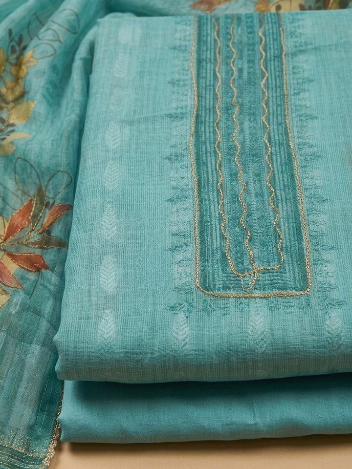 Firozee Embroidered Linen Blend Unstitched Suit &amp; Pant With Linen Dupatta