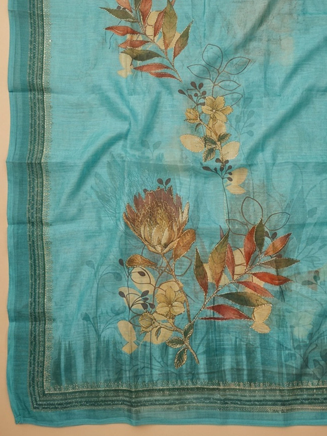 Firozee Embroidered Linen Blend Unstitched Suit &amp; Pant With Linen Dupatta