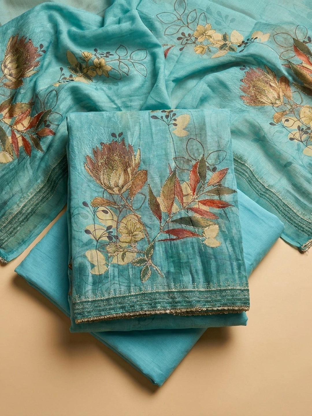 Firozee Embroidered Linen Blend Unstitched Suit &amp; Pant With Linen Dupatta