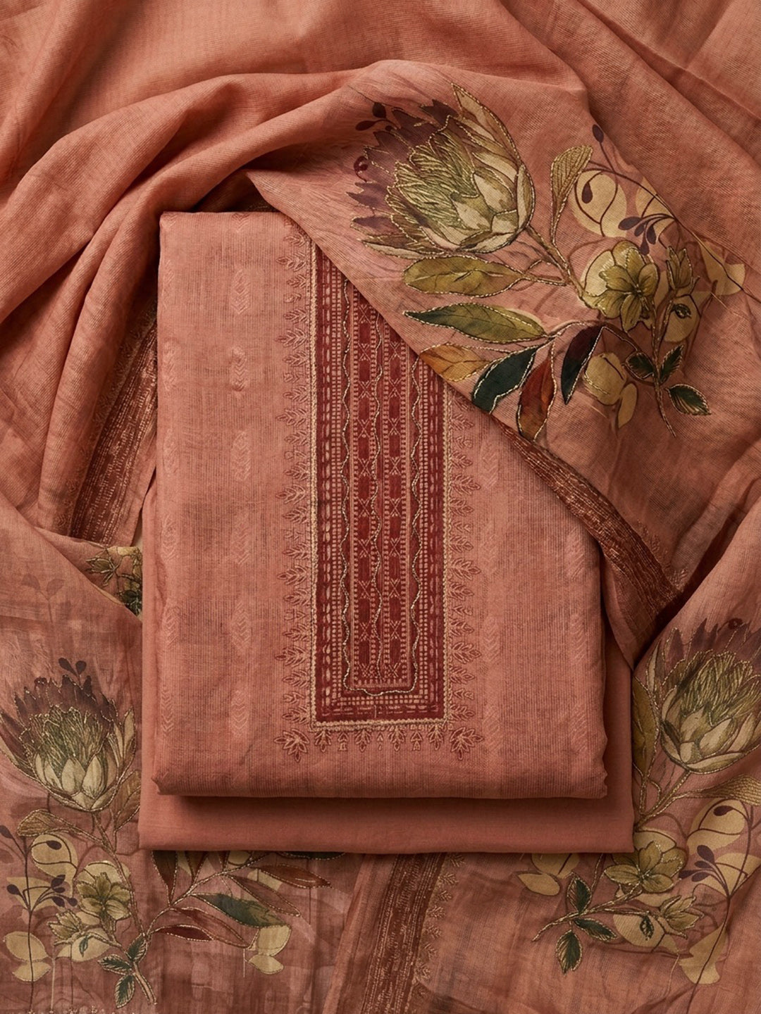 Peach Embroidered Linen Blend Unstitched Suit &amp; Pant With Linen Dupatta