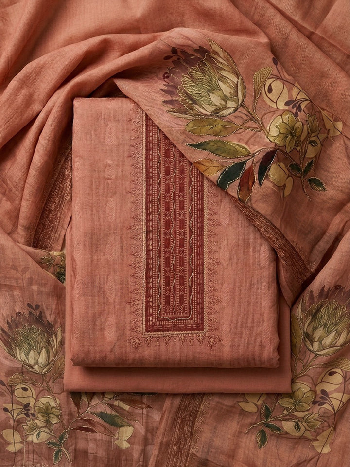 Peach Embroidered Linen Blend Unstitched Suit &amp; Pant With Linen Dupatta