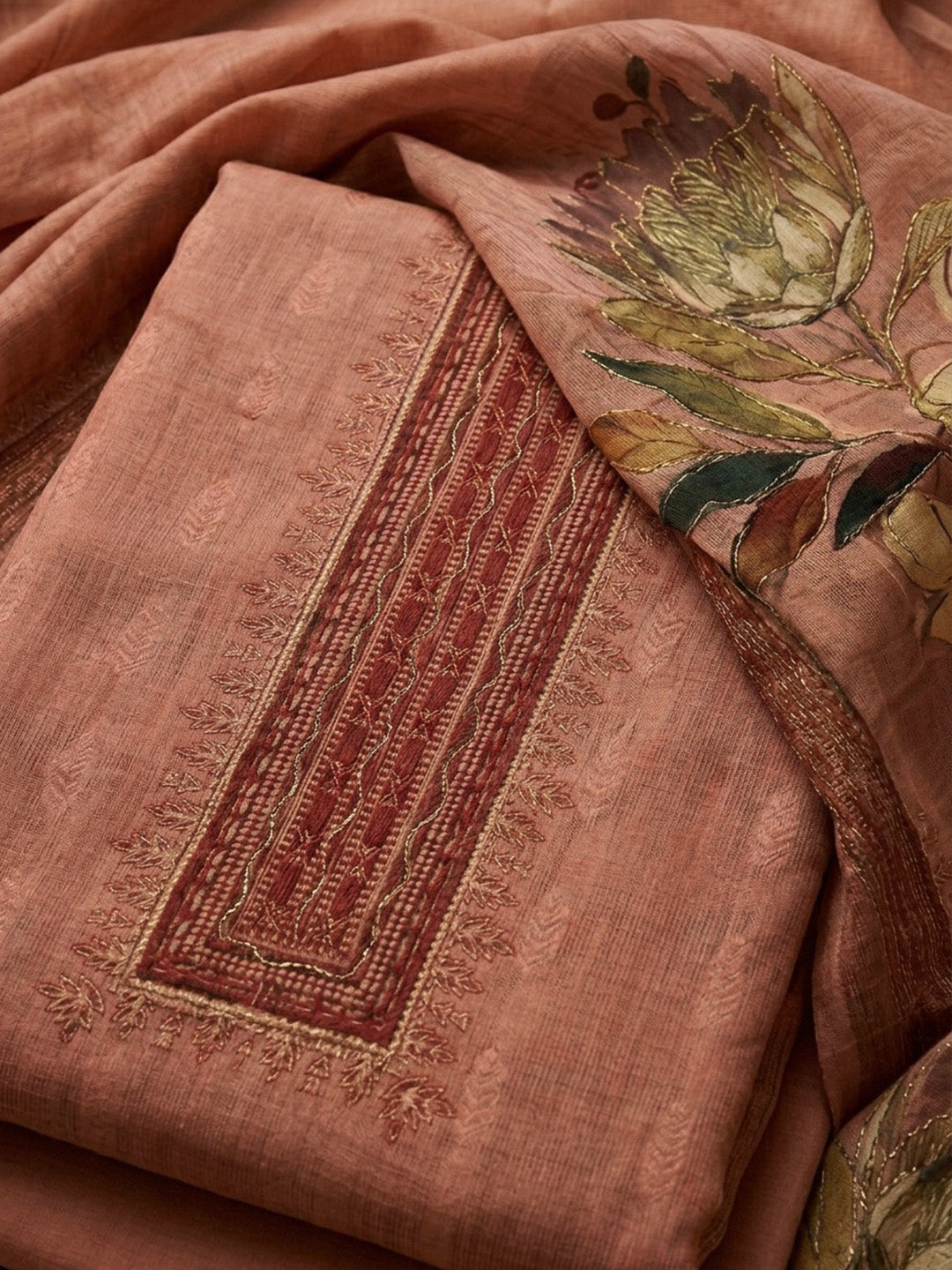 Peach Embroidered Linen Blend Unstitched Suit &amp; Pant With Linen Dupatta