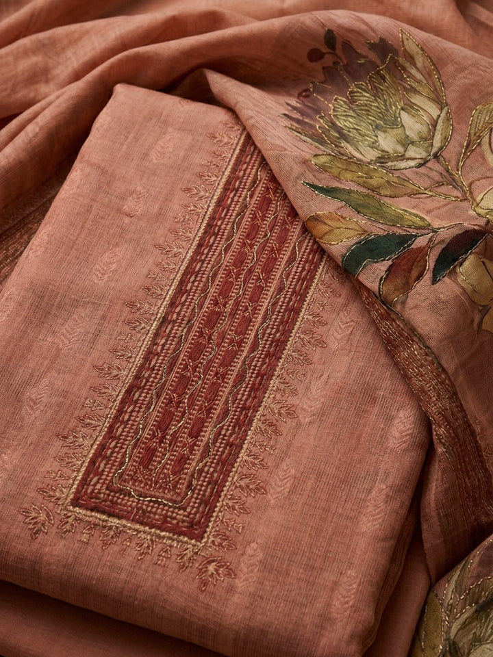 Peach Embroidered Linen Blend Unstitched Suit &amp; Pant With Linen Dupatta