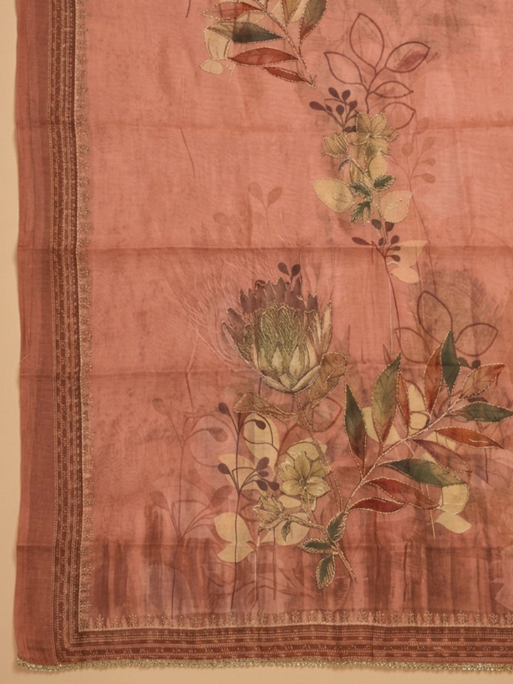 Peach Embroidered Linen Blend Unstitched Suit &amp; Pant With Linen Dupatta