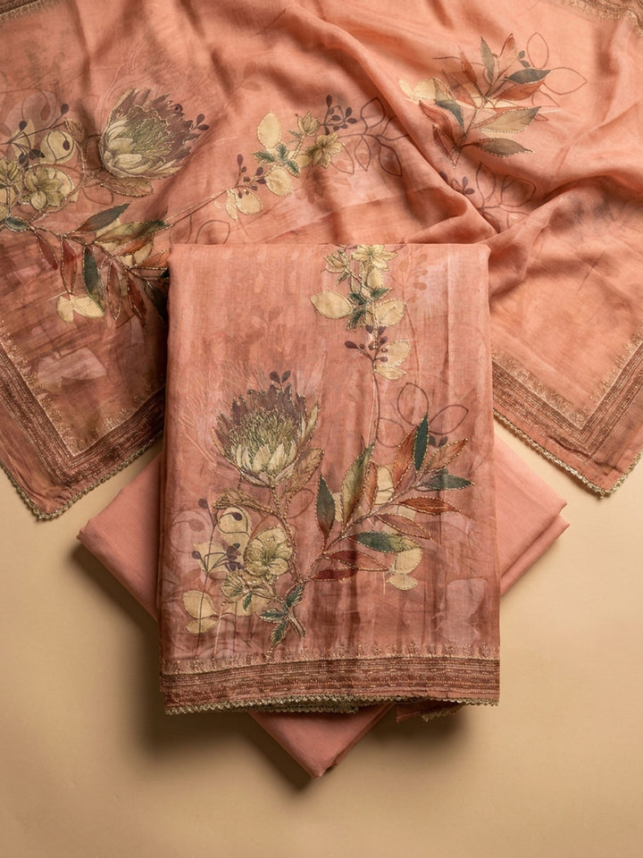 Peach Embroidered Linen Blend Unstitched Suit &amp; Pant With Linen Dupatta