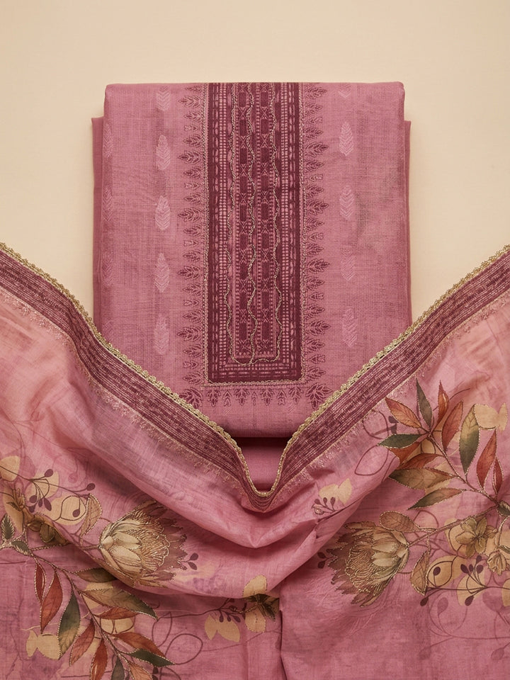 Pink Embroidered Linen Blend Unstitched Suit &amp; Pant With Linen Dupatta