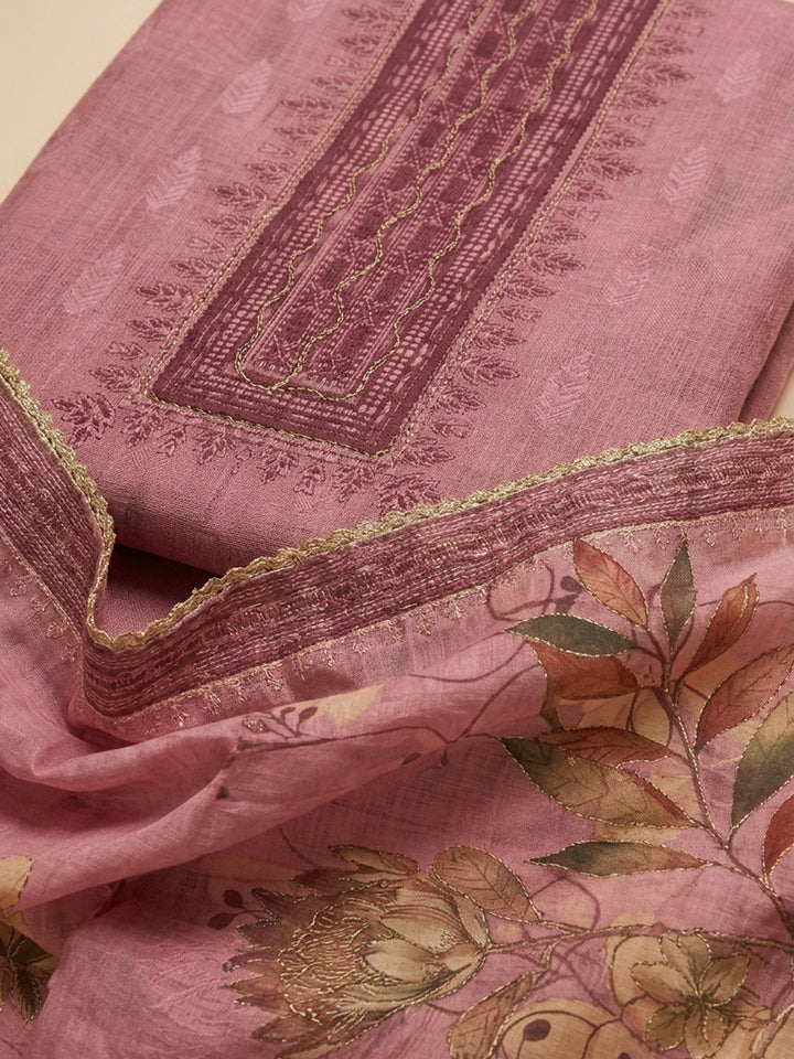 Pink Embroidered Linen Blend Unstitched Suit &amp; Pant With Linen Dupatta