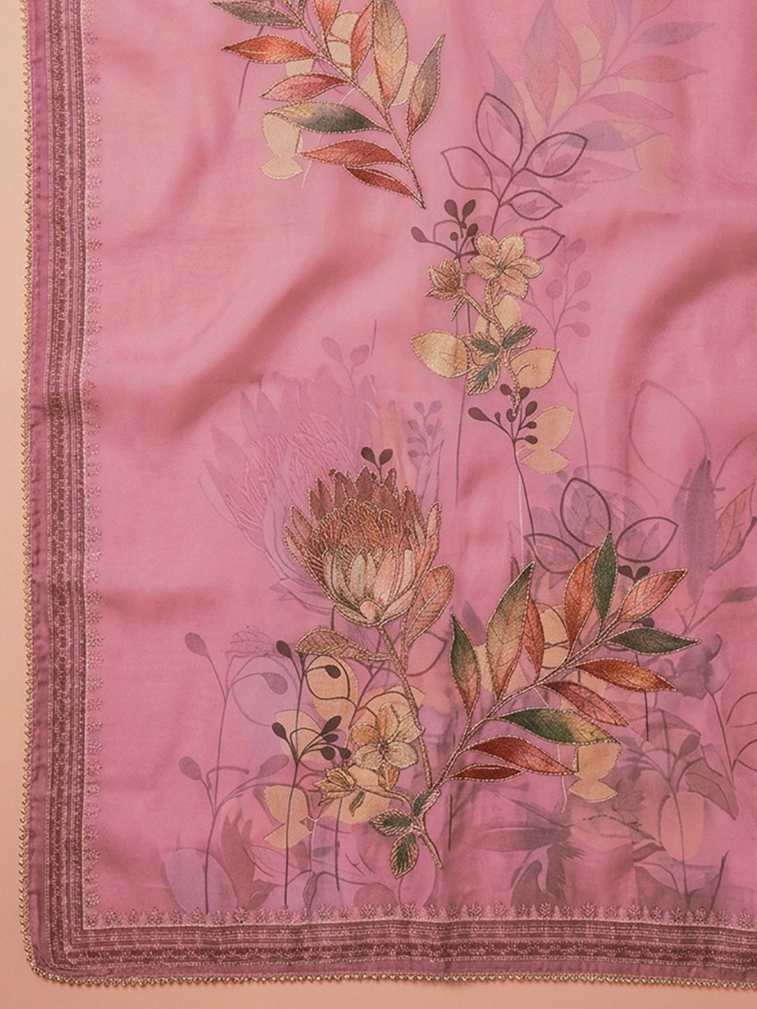 Pink Embroidered Linen Blend Unstitched Suit &amp; Pant With Linen Dupatta