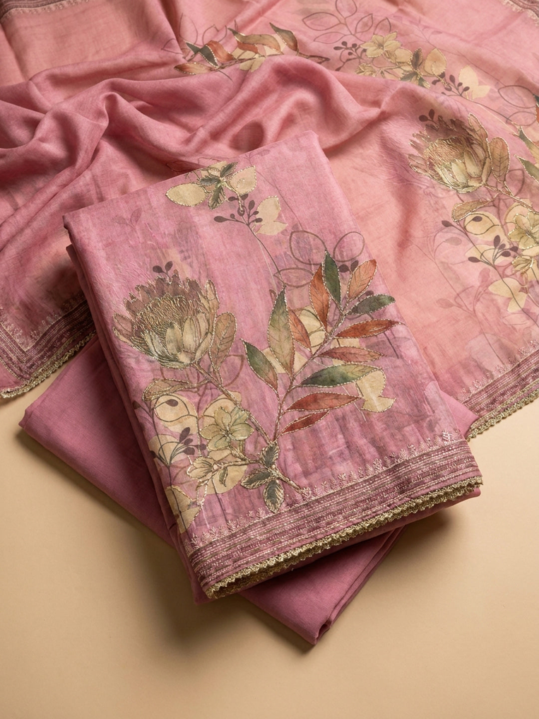 Pink Embroidered Linen Blend Unstitched Suit &amp; Pant With Linen Dupatta