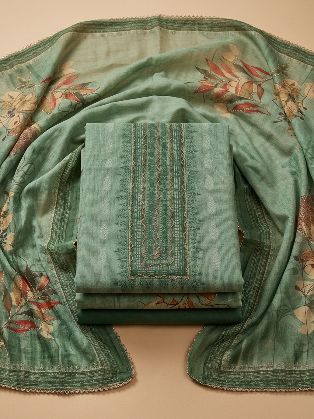 Pista Green Embroidered Linen Blend Unstitched Suit &amp; Pant With Linen Dupatta
