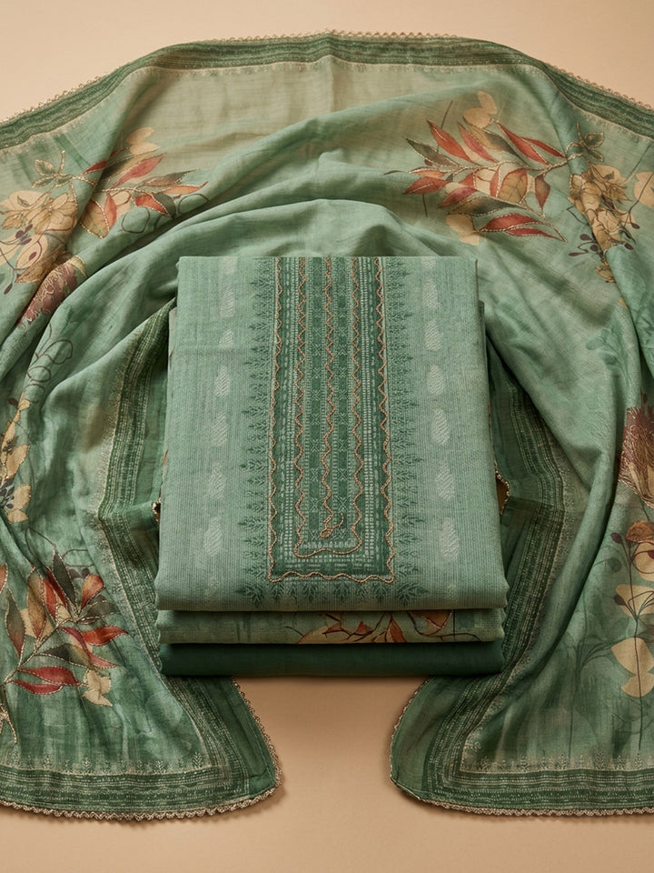 Pista Green Embroidered Linen Blend Unstitched Suit &amp; Pant With Linen Dupatta