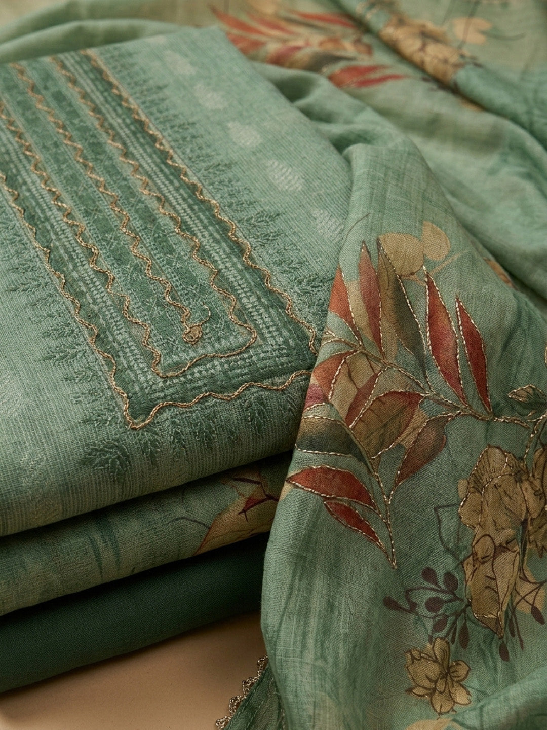 Pista Green Embroidered Linen Blend Unstitched Suit &amp; Pant With Linen Dupatta