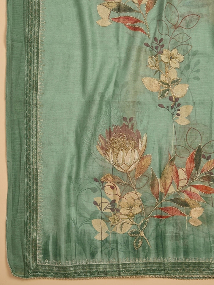 Pista Green Embroidered Linen Blend Unstitched Suit &amp; Pant With Linen Dupatta