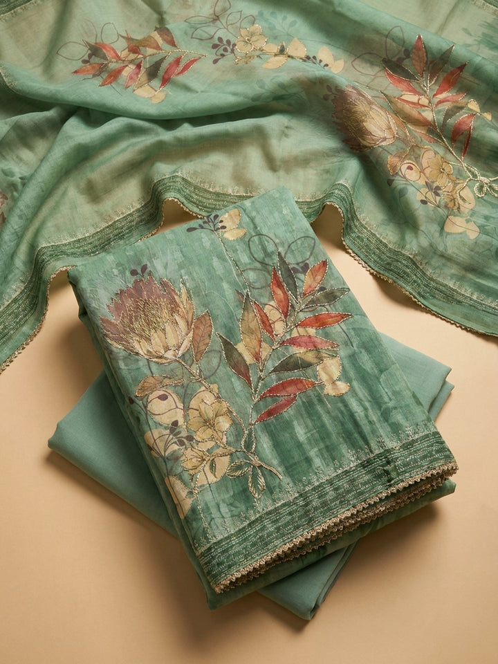 Pista Green Embroidered Linen Blend Unstitched Suit &amp; Pant With Linen Dupatta
