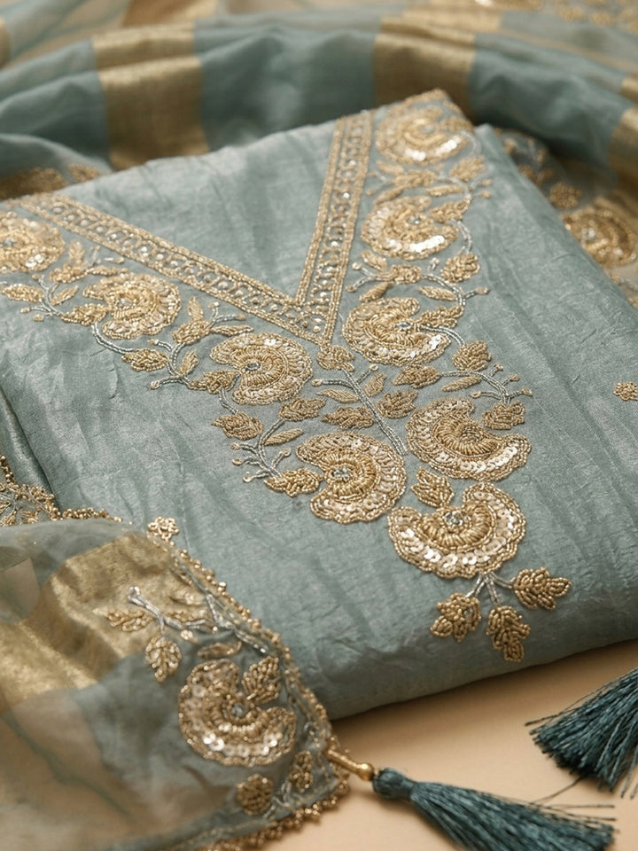 Grey Embroidered Tissue Unstitched Suit &amp; Pant With Tissue Dupatta