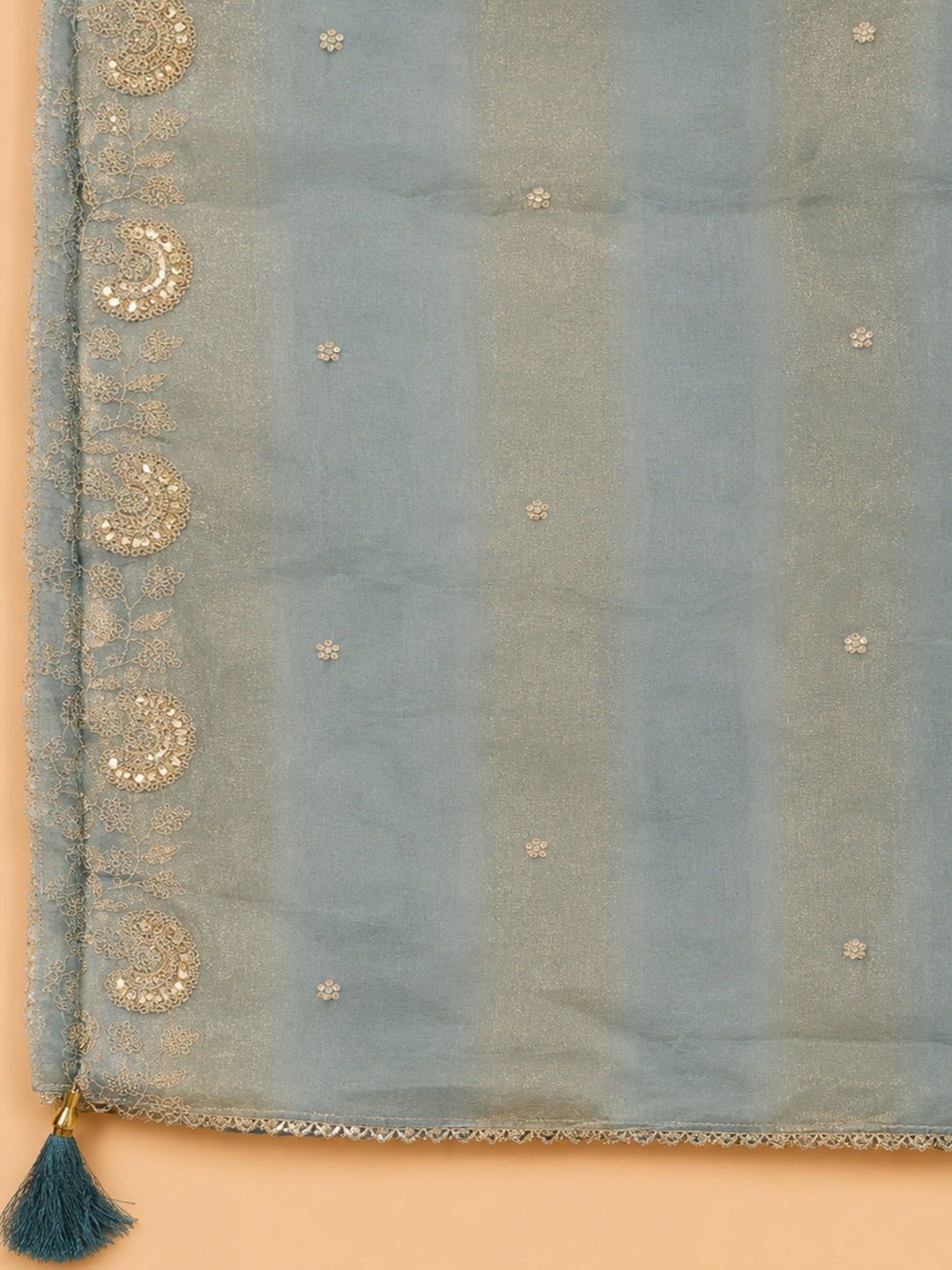 Grey Embroidered Tissue Unstitched Suit &amp; Pant With Tissue Dupatta